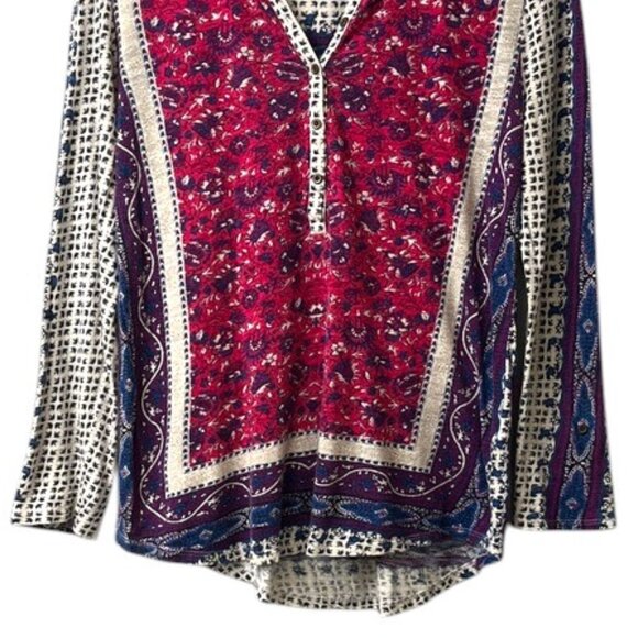 Lucky Brand Hot Pink Purple Boho Printed Long Sleeve Henley Tee - Picture 3 of 8